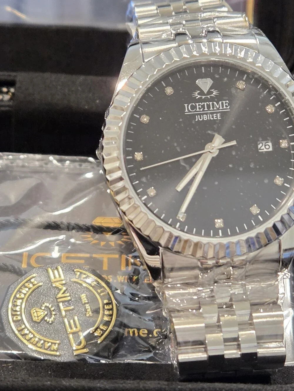 IceTime Jubilee 41mm Men White Gold Steel Watch Black Dial Iced 0.10ct Diamonds